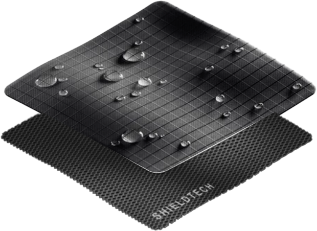 Two black textured mats with water droplets on a white background, featuring the 'Shield Tech' brand.