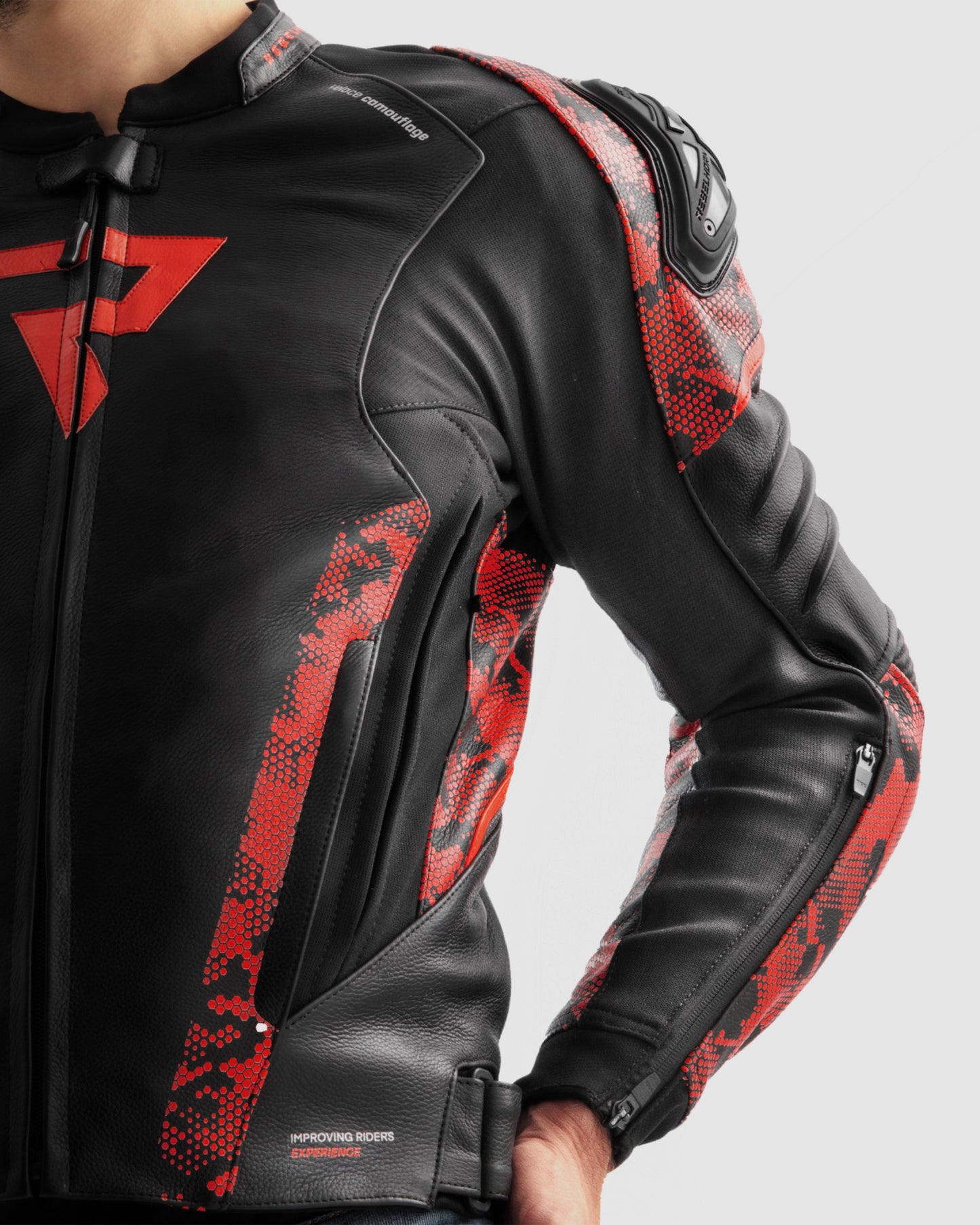 Veloce Leather Motorcycle Jacket Camo Red