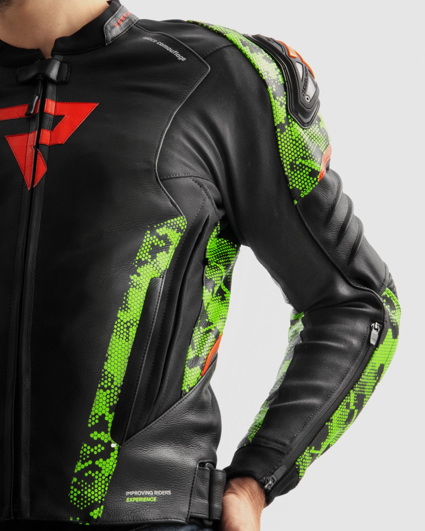 Veloce Leather Motorcycle Jacket Camo Green